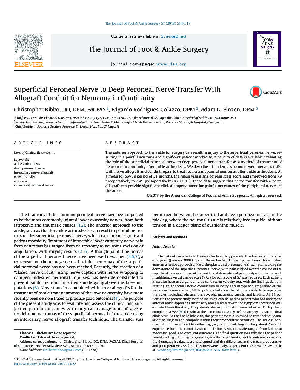 Superficial Peroneal Nerve to Deep Peroneal Nerve Transfer With Allograft Conduit for Neuroma in Continuity