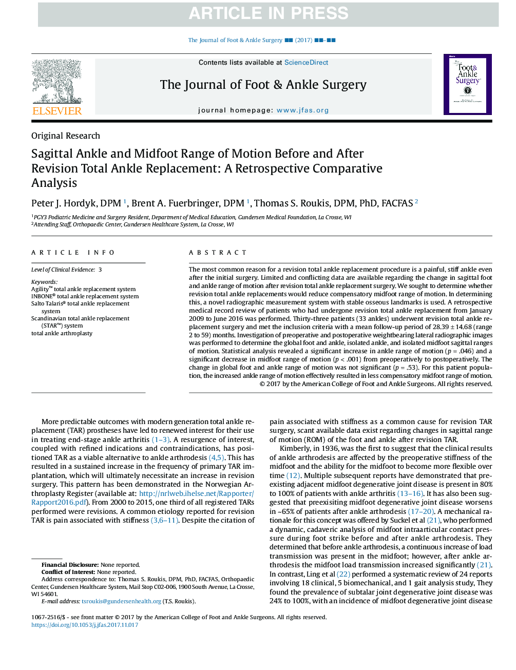 Sagittal Ankle and Midfoot Range of Motion Before and After Revision Total Ankle Replacement: A Retrospective Comparative Analysis