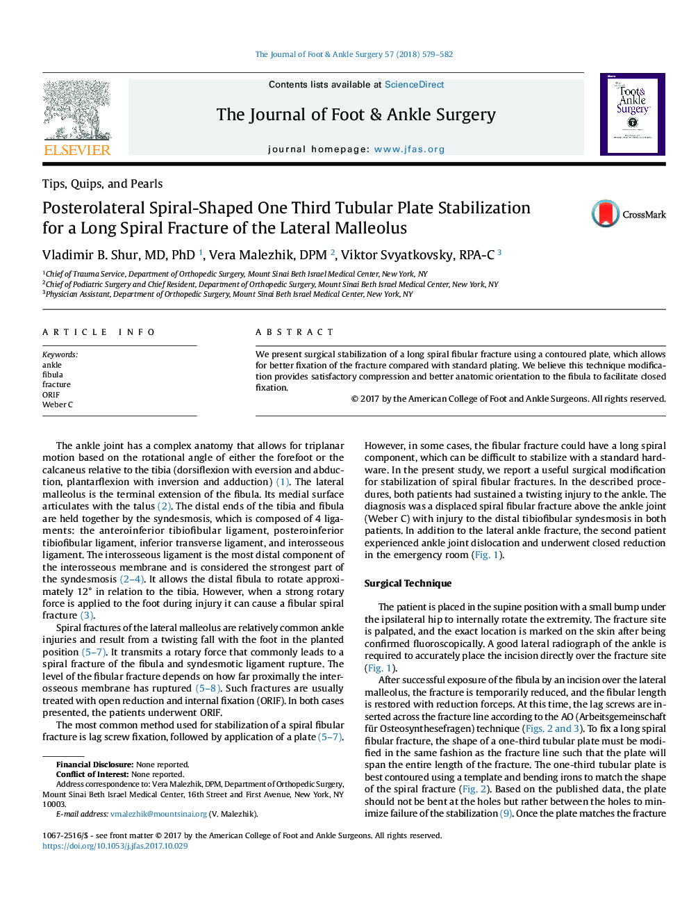 Posterolateral Spiral-Shaped One Third Tubular Plate Stabilization for a Long Spiral Fracture of the Lateral Malleolus