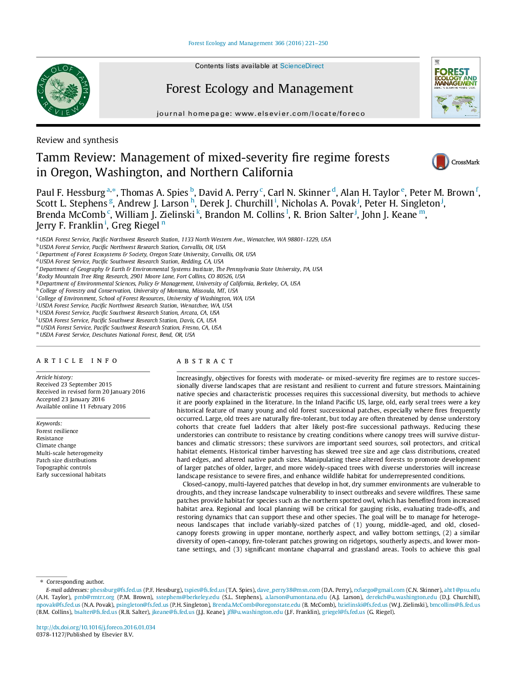 Tamm Review: Management of mixed-severity fire regime forests in Oregon, Washington, and Northern California