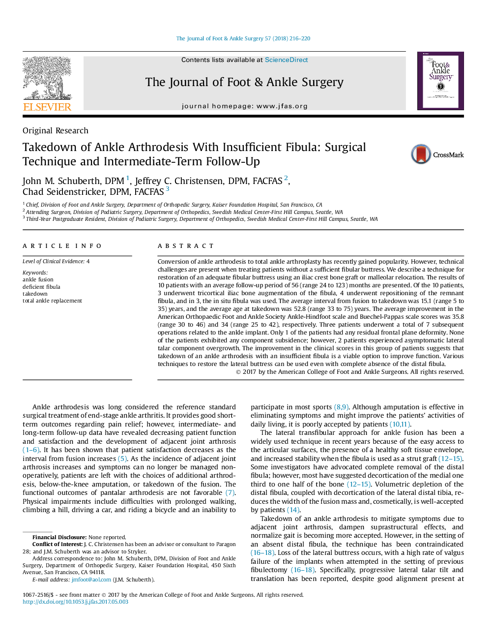 Takedown of Ankle Arthrodesis With Insufficient Fibula: Surgical Technique and Intermediate-Term Follow-Up