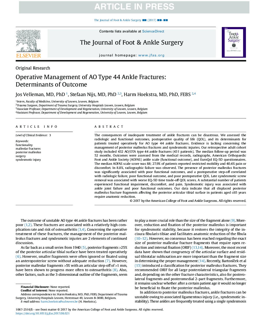 Operative Management of AO Type 44 Ankle Fractures: Determinants of Outcome