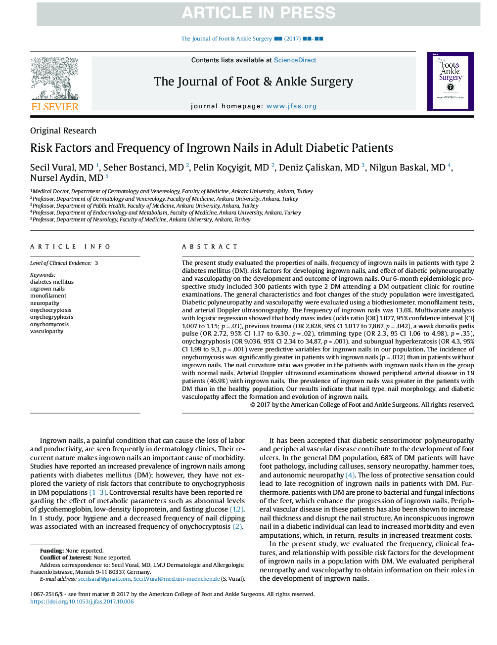 Risk Factors and Frequency of Ingrown Nails in Adult Diabetic Patients