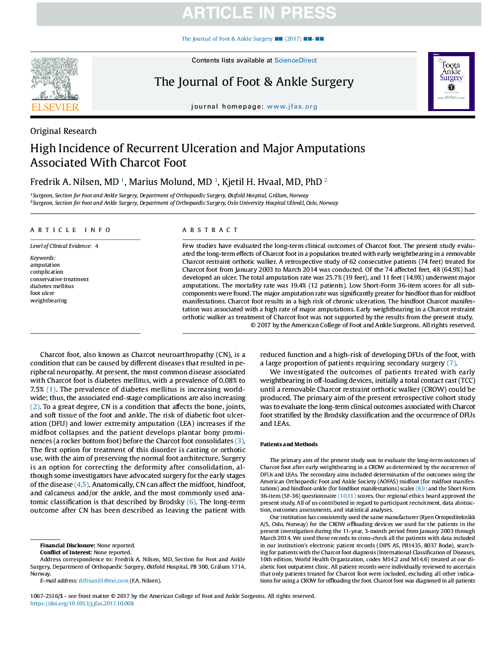 High Incidence of Recurrent Ulceration and Major Amputations Associated With Charcot Foot