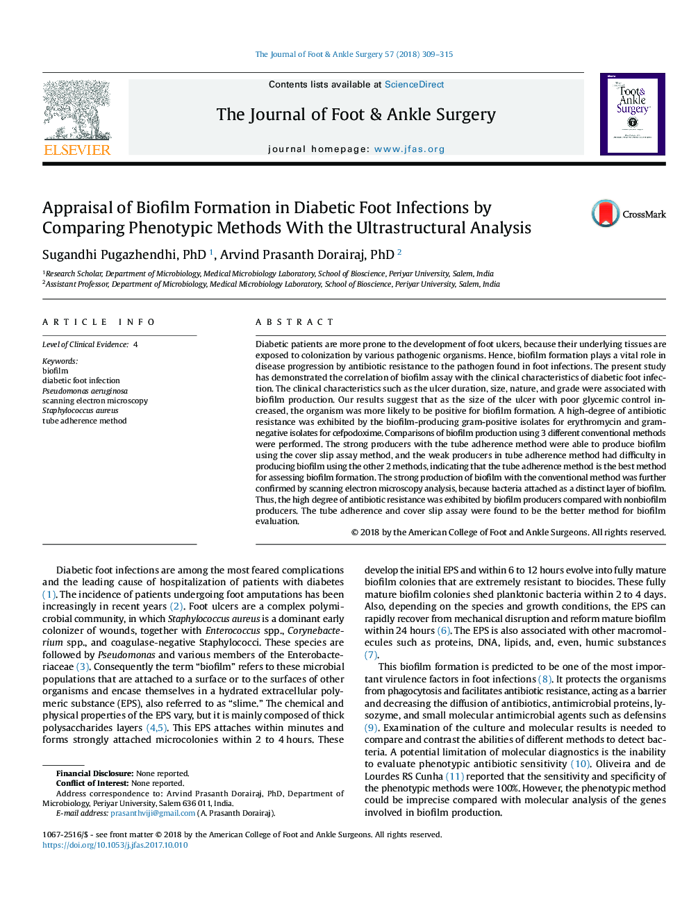 Appraisal of Biofilm Formation in Diabetic Foot Infections by Comparing Phenotypic Methods With the Ultrastructural Analysis