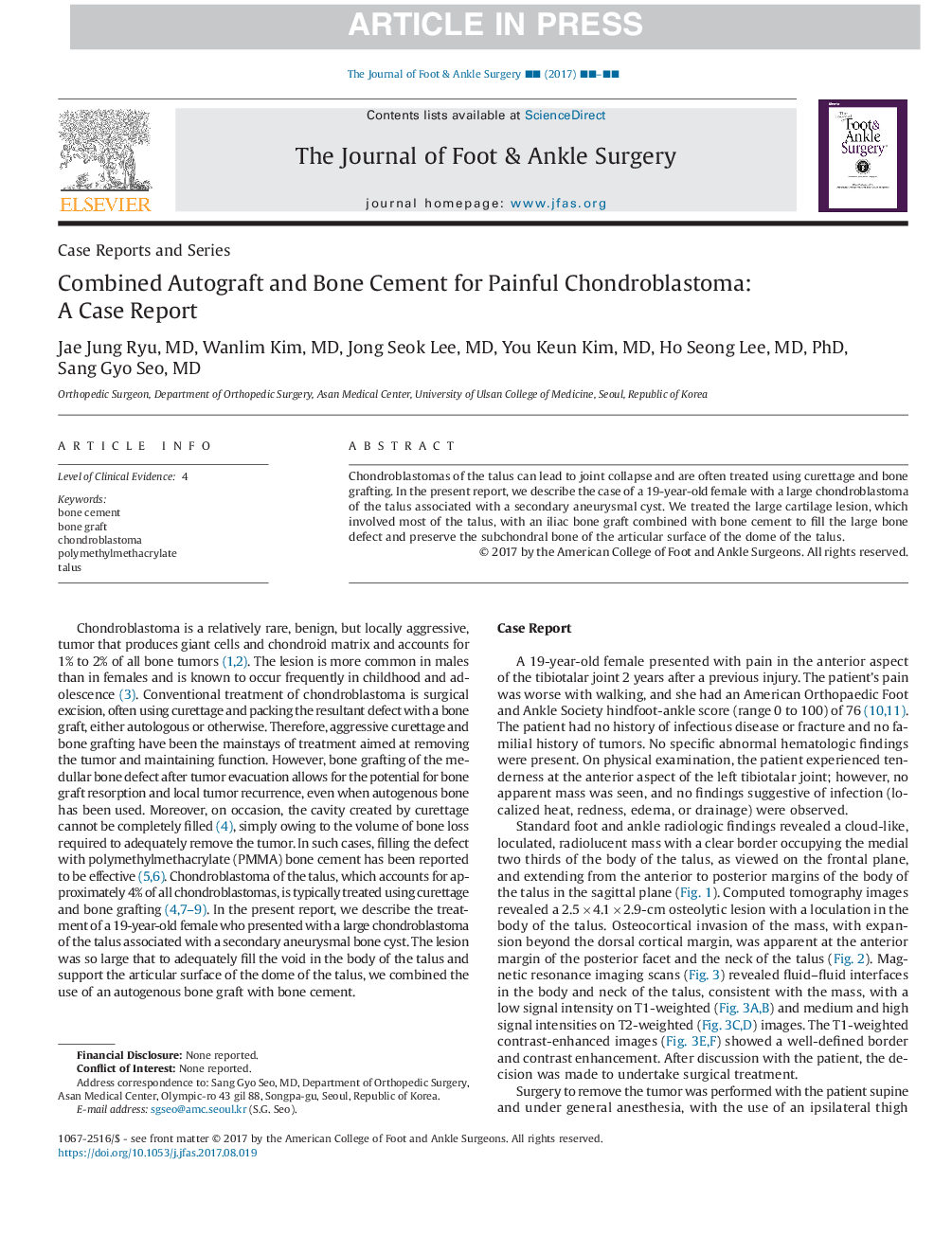 Combined Autograft and Bone Cement for Painful Chondroblastoma: A Case Report