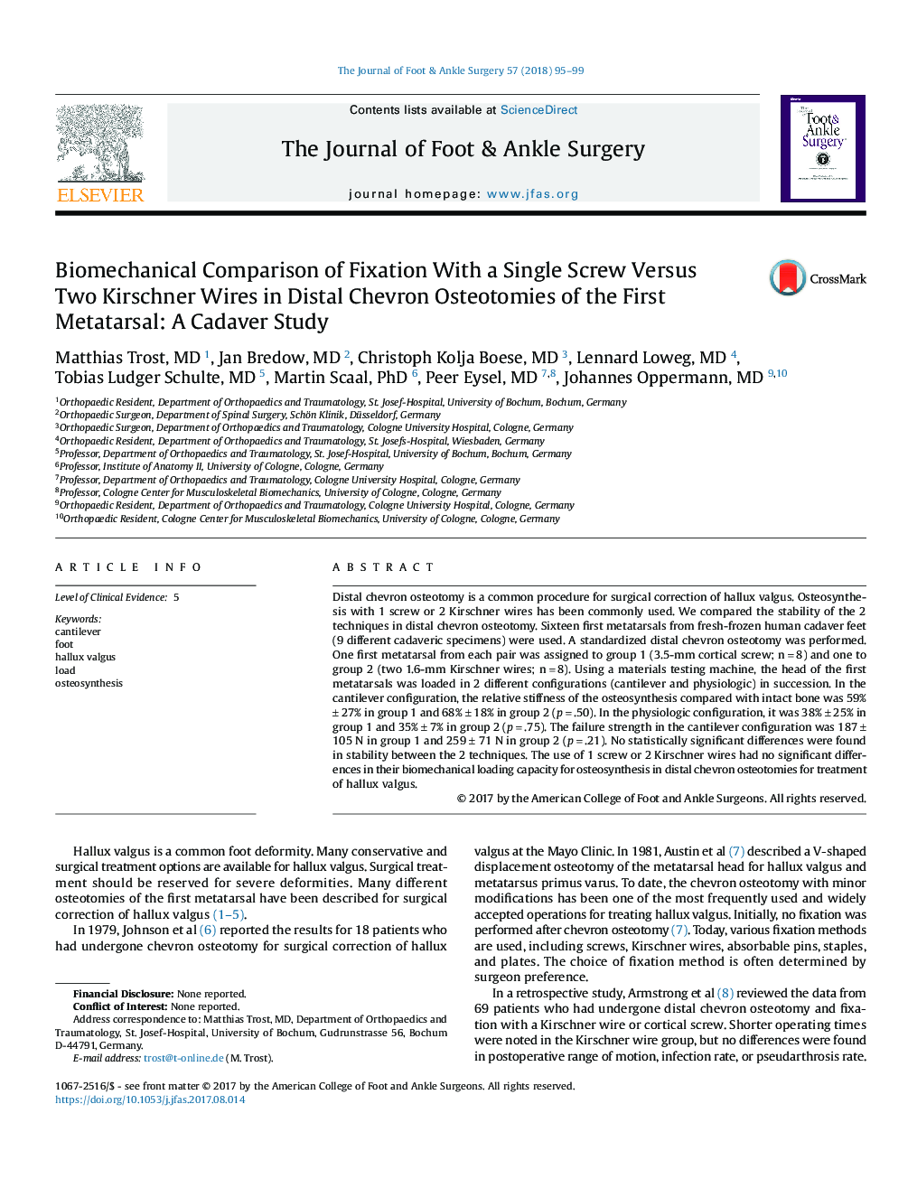 Biomechanical Comparison of Fixation With a Single Screw Versus Two Kirschner Wires in Distal Chevron Osteotomies of the First Metatarsal: A Cadaver Study