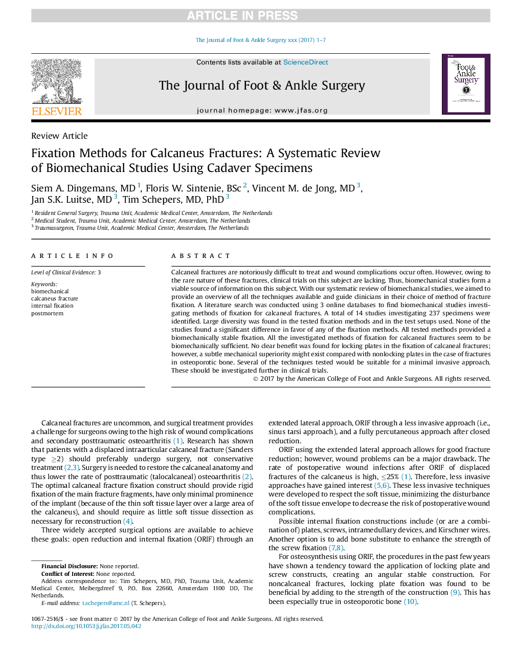 Fixation Methods for Calcaneus Fractures: A Systematic Review ofÂ Biomechanical Studies Using Cadaver Specimens