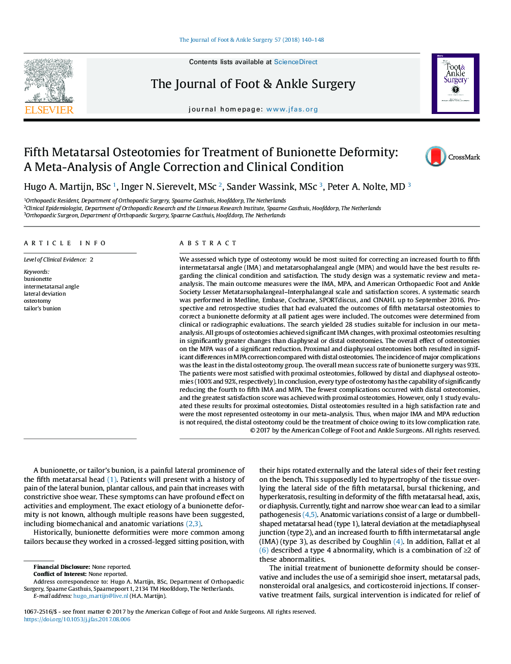 Fifth Metatarsal Osteotomies for Treatment of Bunionette Deformity: A Meta-Analysis of Angle Correction and Clinical Condition