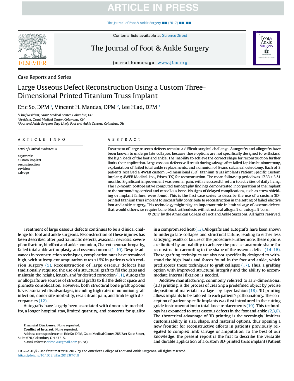 Large Osseous Defect Reconstruction Using a Custom Three-Dimensional Printed Titanium Truss Implant