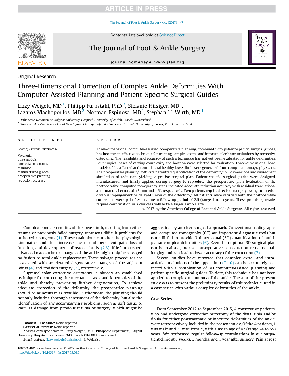 Three-Dimensional Correction of Complex Ankle Deformities With Computer-Assisted Planning and Patient-Specific Surgical Guides