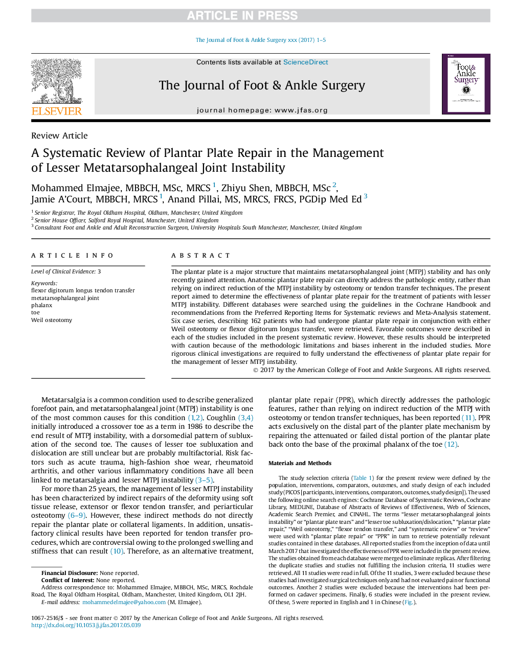 A Systematic Review of Plantar Plate Repair in the Management of Lesser Metatarsophalangeal Joint Instability