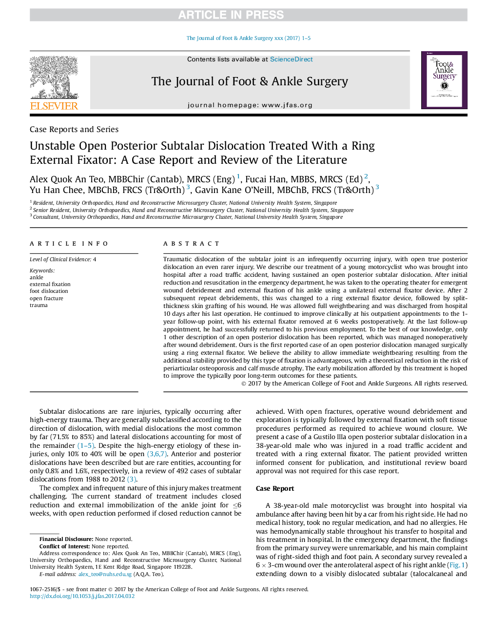 Unstable Open Posterior Subtalar Dislocation Treated With a Ring External Fixator: A Case Report and Review of the Literature