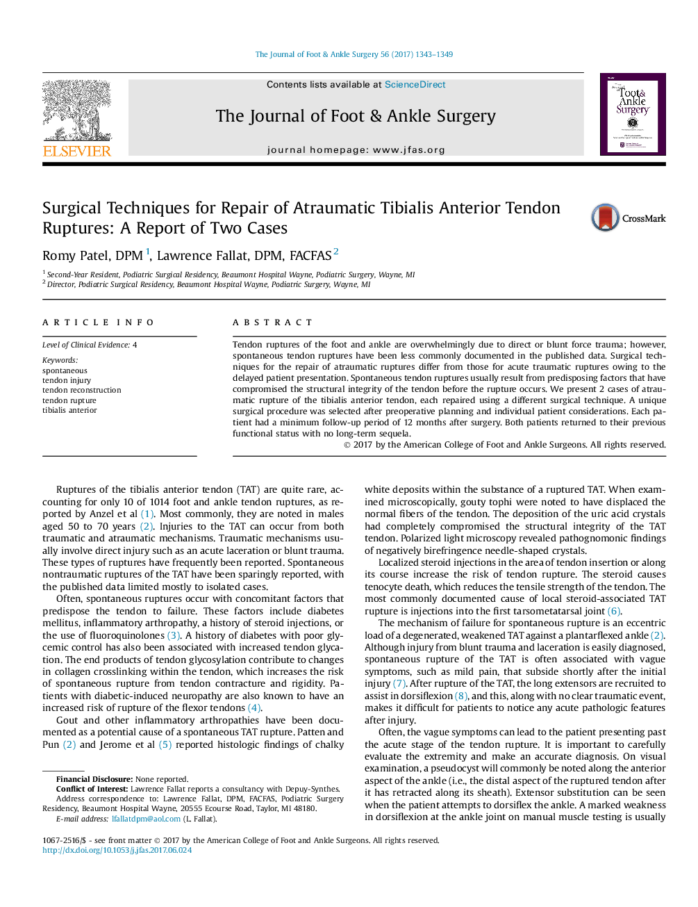 Surgical Techniques for Repair of Atraumatic Tibialis Anterior Tendon Ruptures: A Report of Two Cases