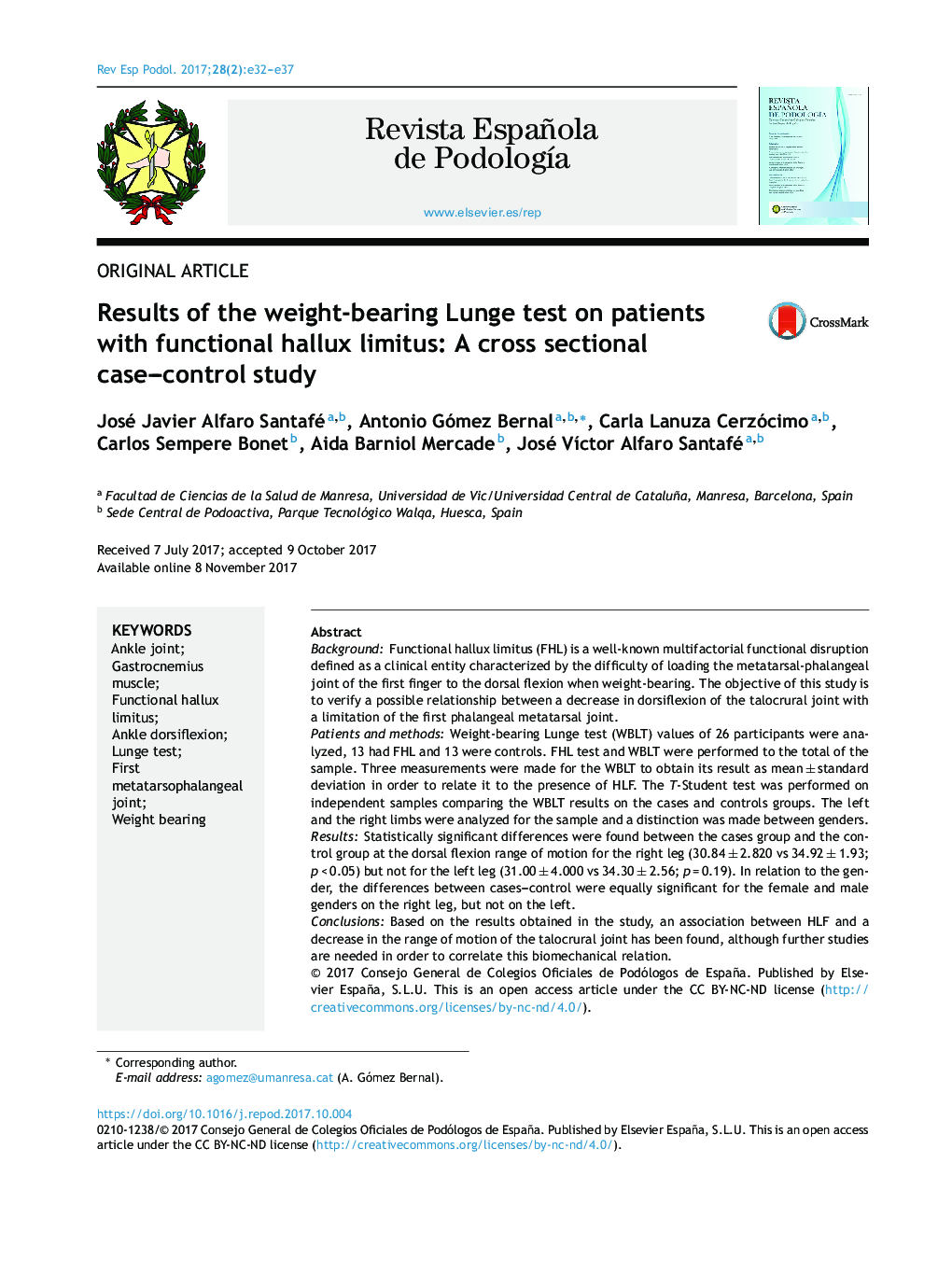 Results of the weight-bearing Lunge test on patients with functional hallux limitus: A cross sectional case-control study