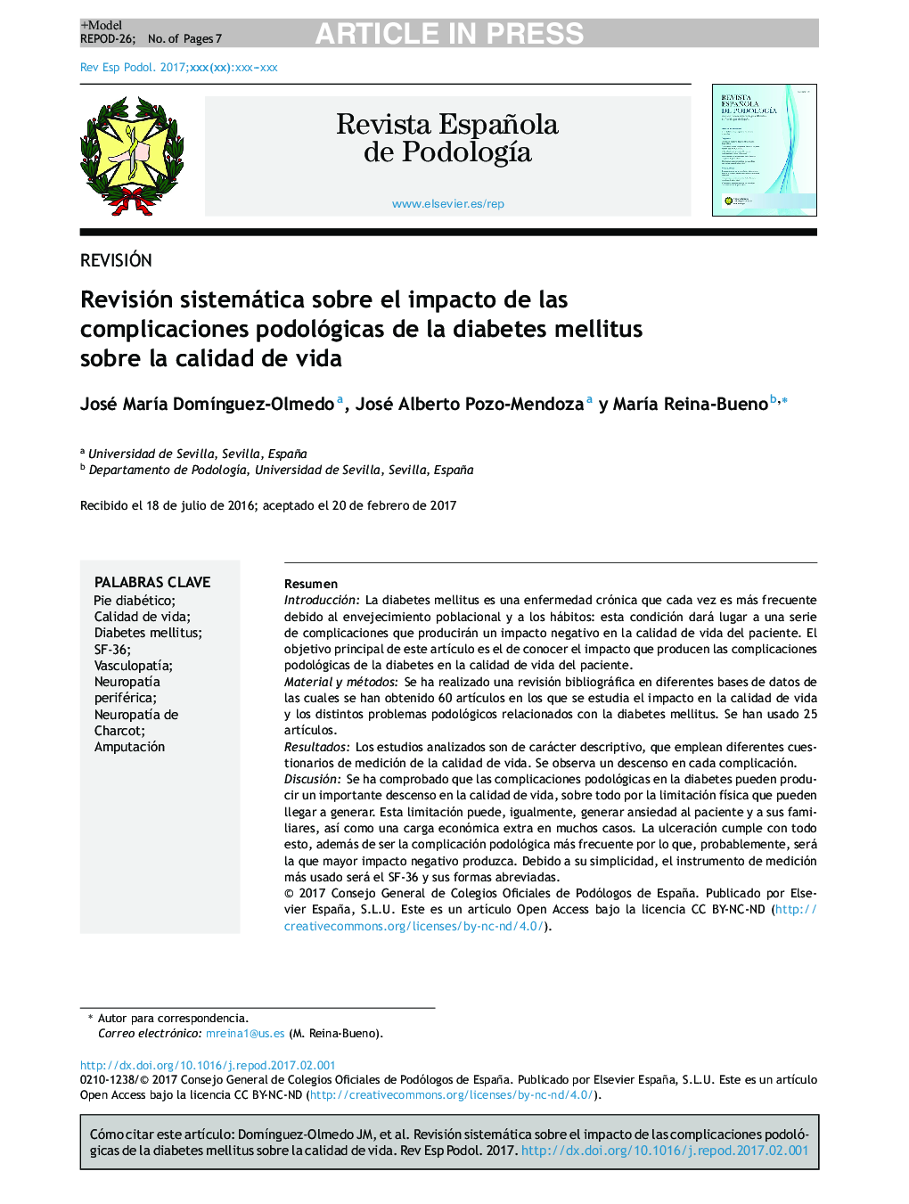 Revisión sistemática sobre el impacto de las complicaciones podológicas de la diabetes mellitus sobre la calidad de vida
