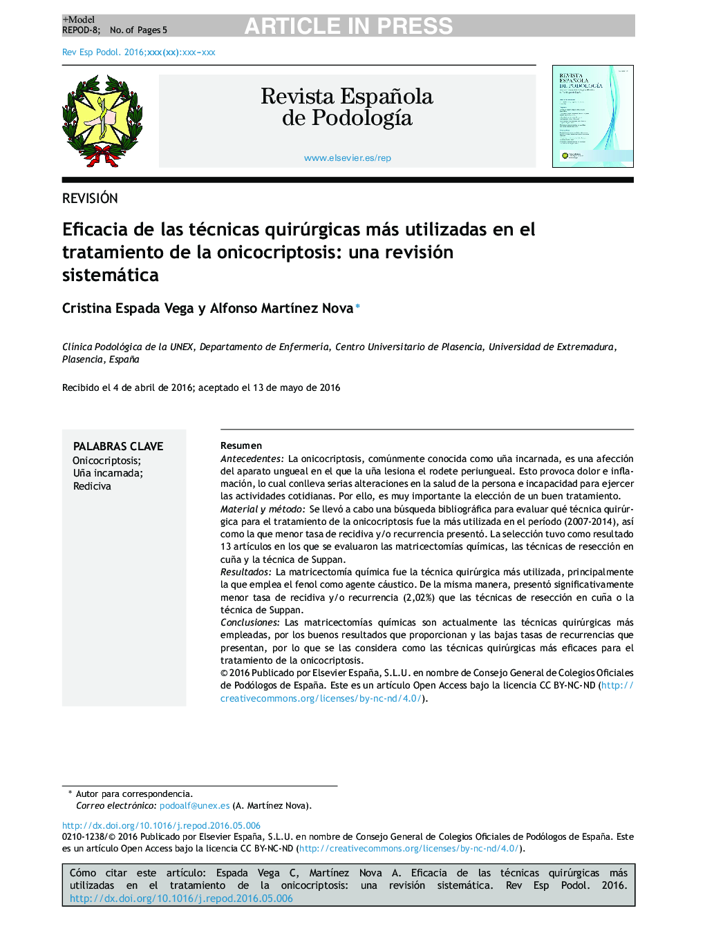 Eficacia de las técnicas quirúrgicas más utilizadas en el tratamiento de la onicocriptosis: una revisión sistemática