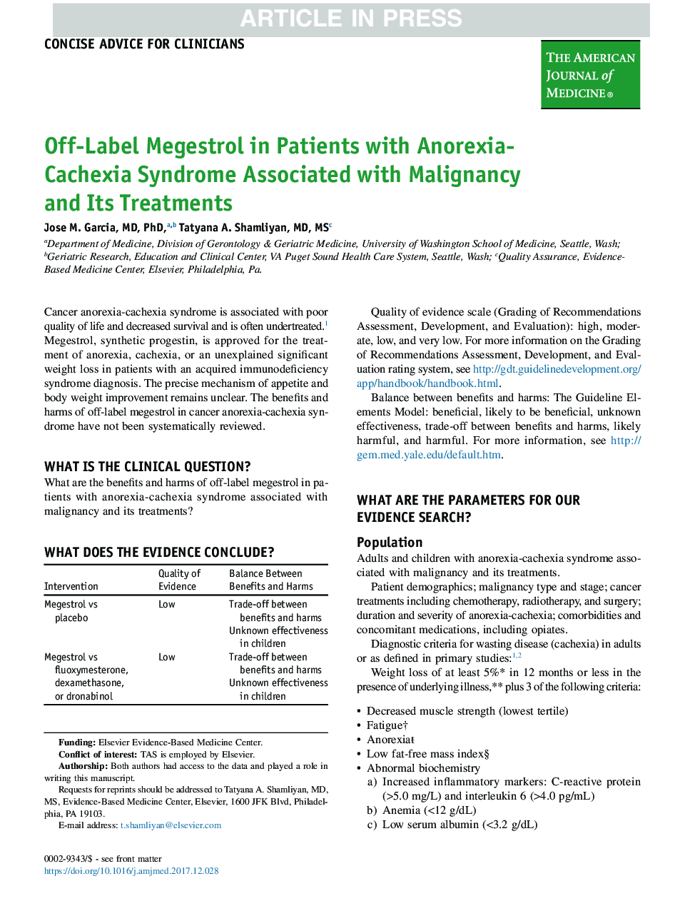 عکس صفحه اول مقاله: Off-Label Megestrol in Patients with Anorexia-Cachexia Syndrome Associated with Malignancy and Its Treatments Off-Label Megestrol in Patients with Anorexia-Cachexia Syndrome Associated with Malignancy and Its Treatments