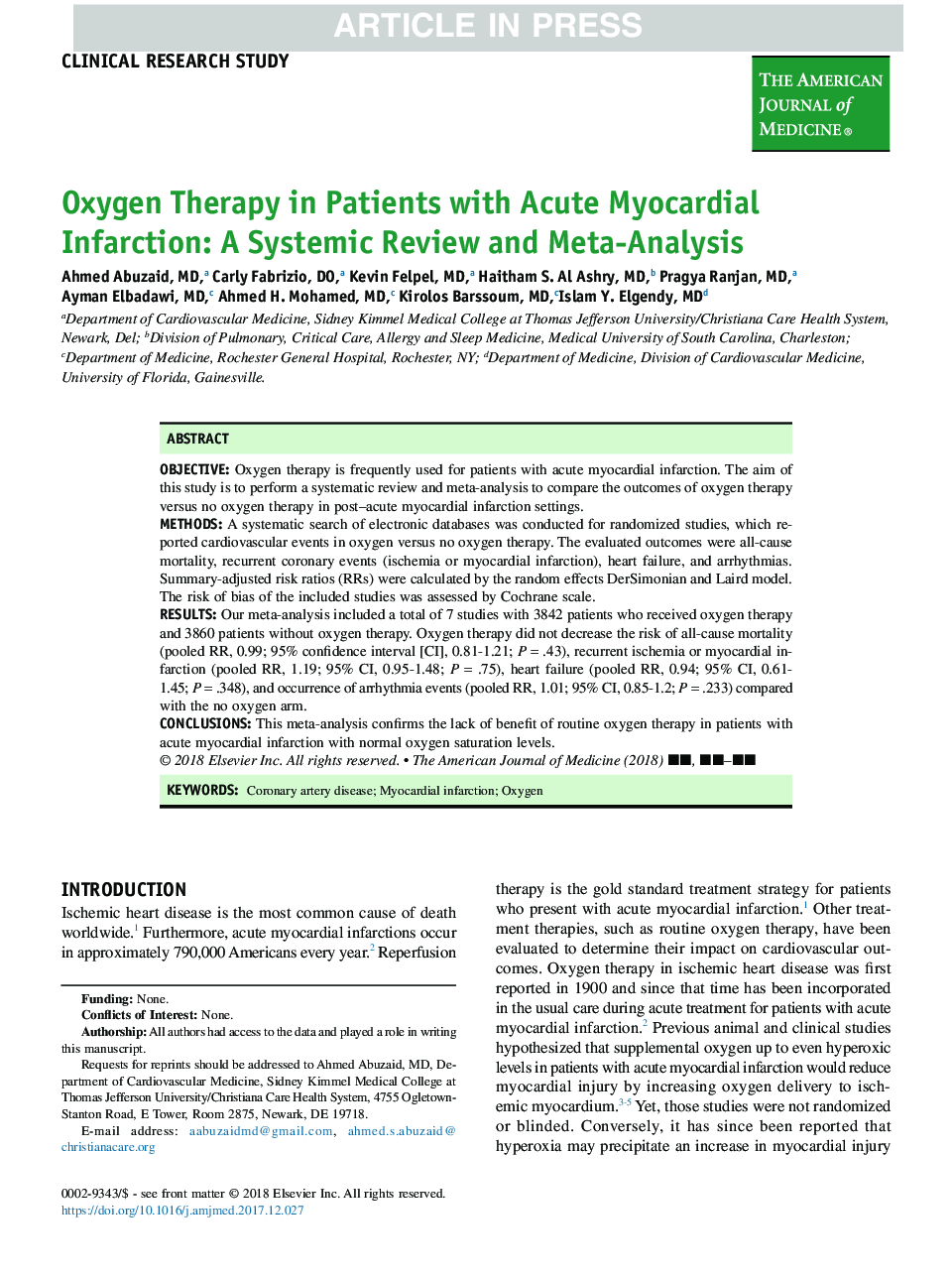 درمان اکسیژن در بیماران مبتلا به انفارکتوس حاد قلبی: یک بررسی سیستماتیک و متاآنالیز 