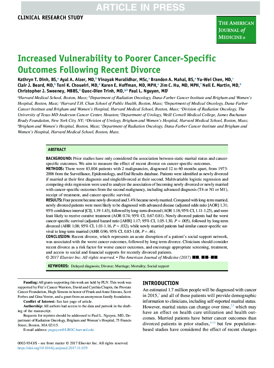 Increased Vulnerability to Poorer Cancer-Specific Outcomes Following Recent Divorce