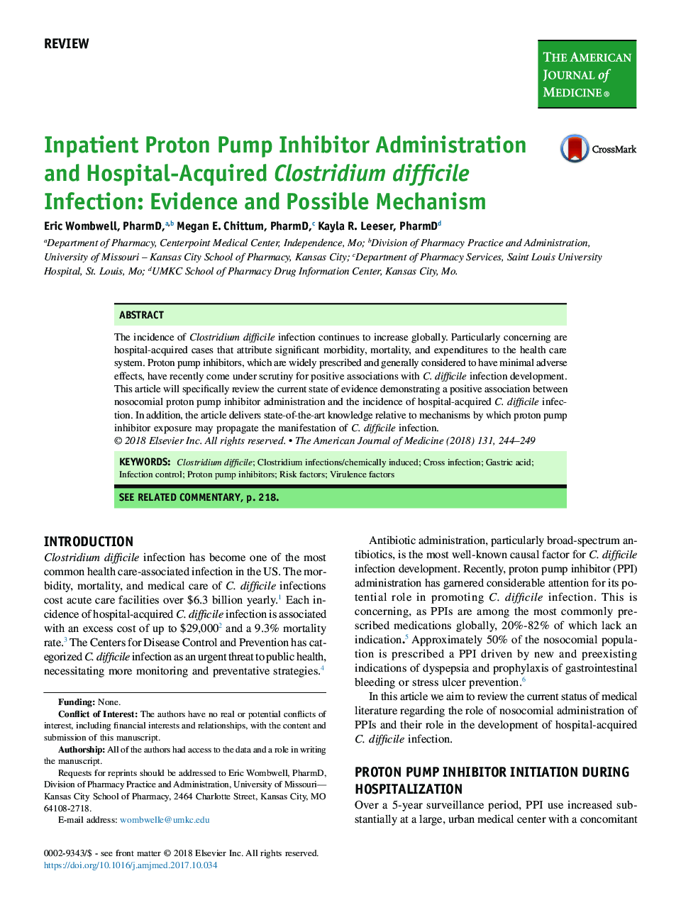 Inpatient Proton Pump Inhibitor Administration and Hospital-Acquired Clostridium difficile Infection: Evidence and Possible Mechanism