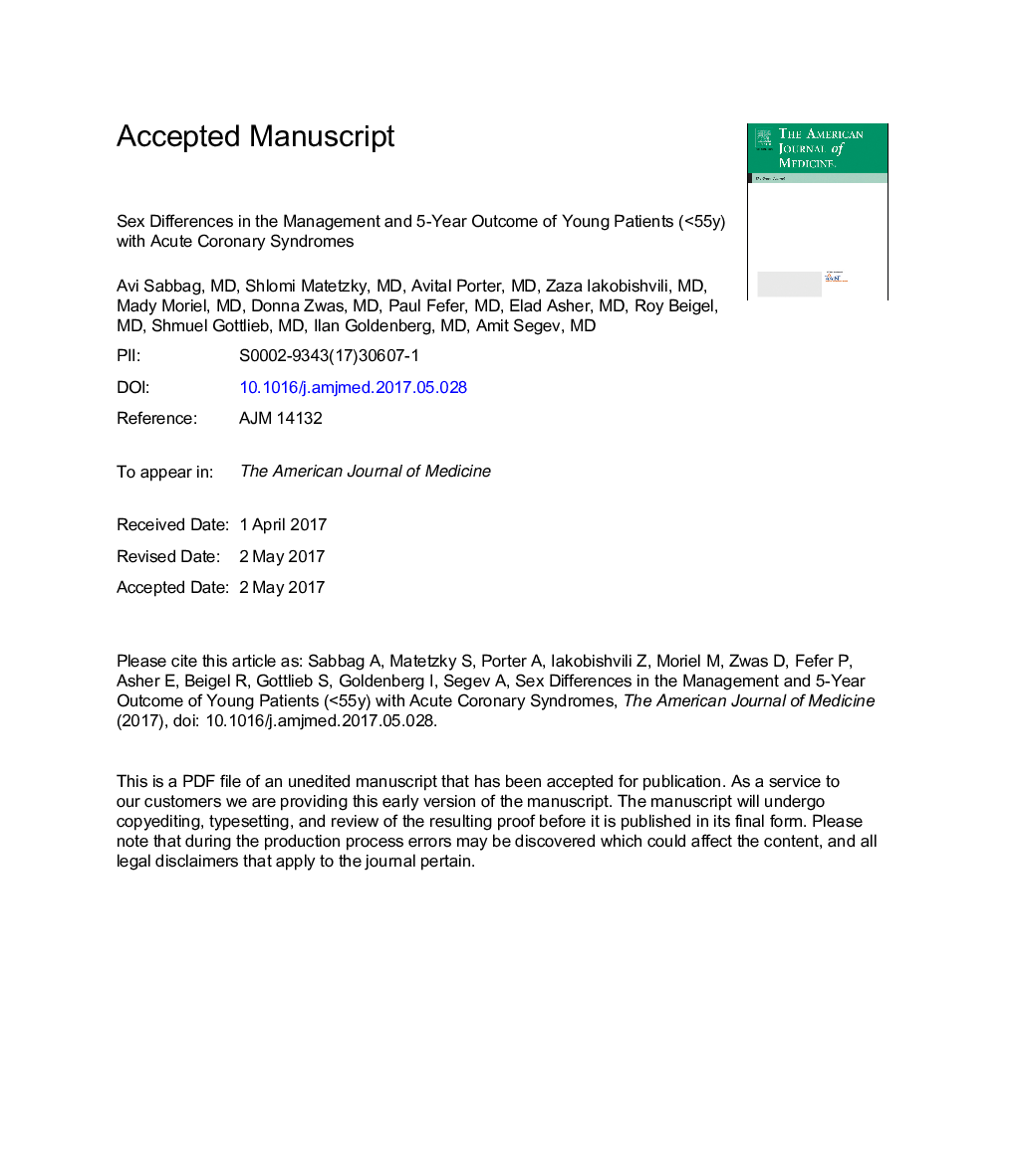 Sex Differences in the Management and 5-Year Outcome of Young Patients (<55 Years) with Acute Coronary Syndromes