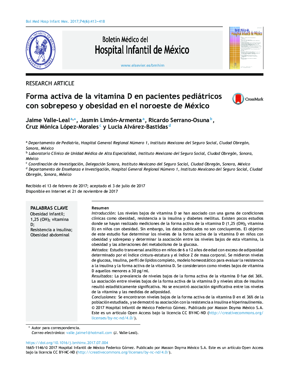 Forma activa de la vitamina D en pacientes pediátricos con sobrepeso y obesidad en el noroeste de México