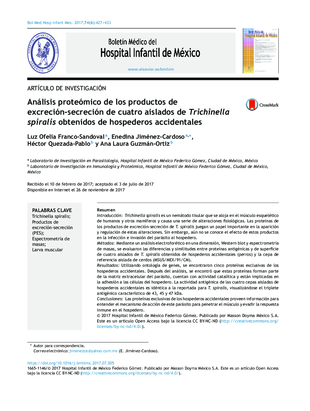 Análisis proteómico de los productos de excreción-secreción de cuatro aislados de Trichinella spiralis obtenidos de hospederos accidentales