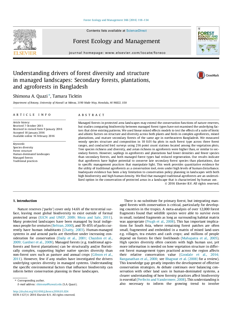 Understanding drivers of forest diversity and structure in managed landscapes: Secondary forests, plantations, and agroforests in Bangladesh