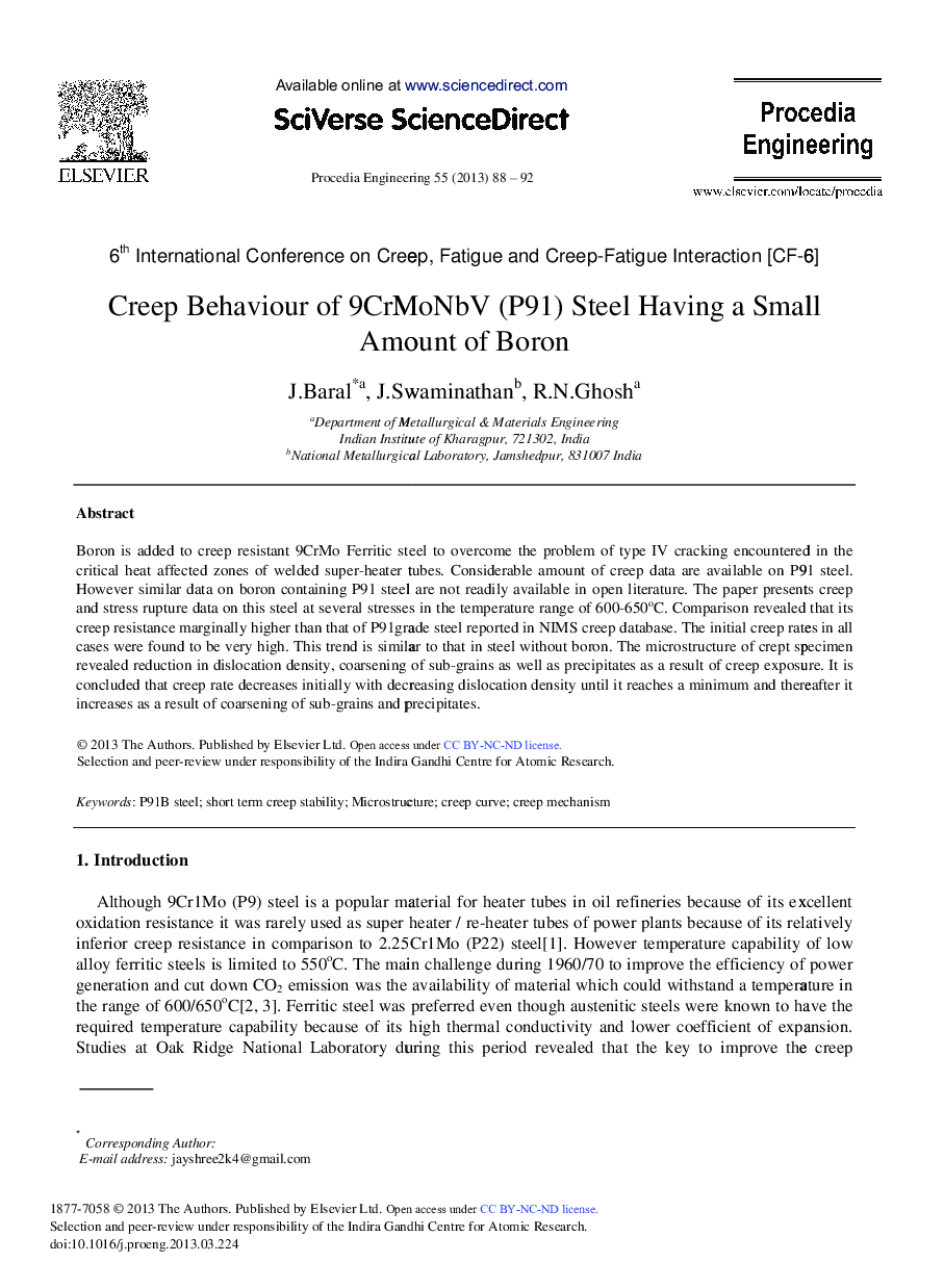 Creep Behaviour of 9CrMoNbV (P91) Steel Having a Small Amount of Boron 