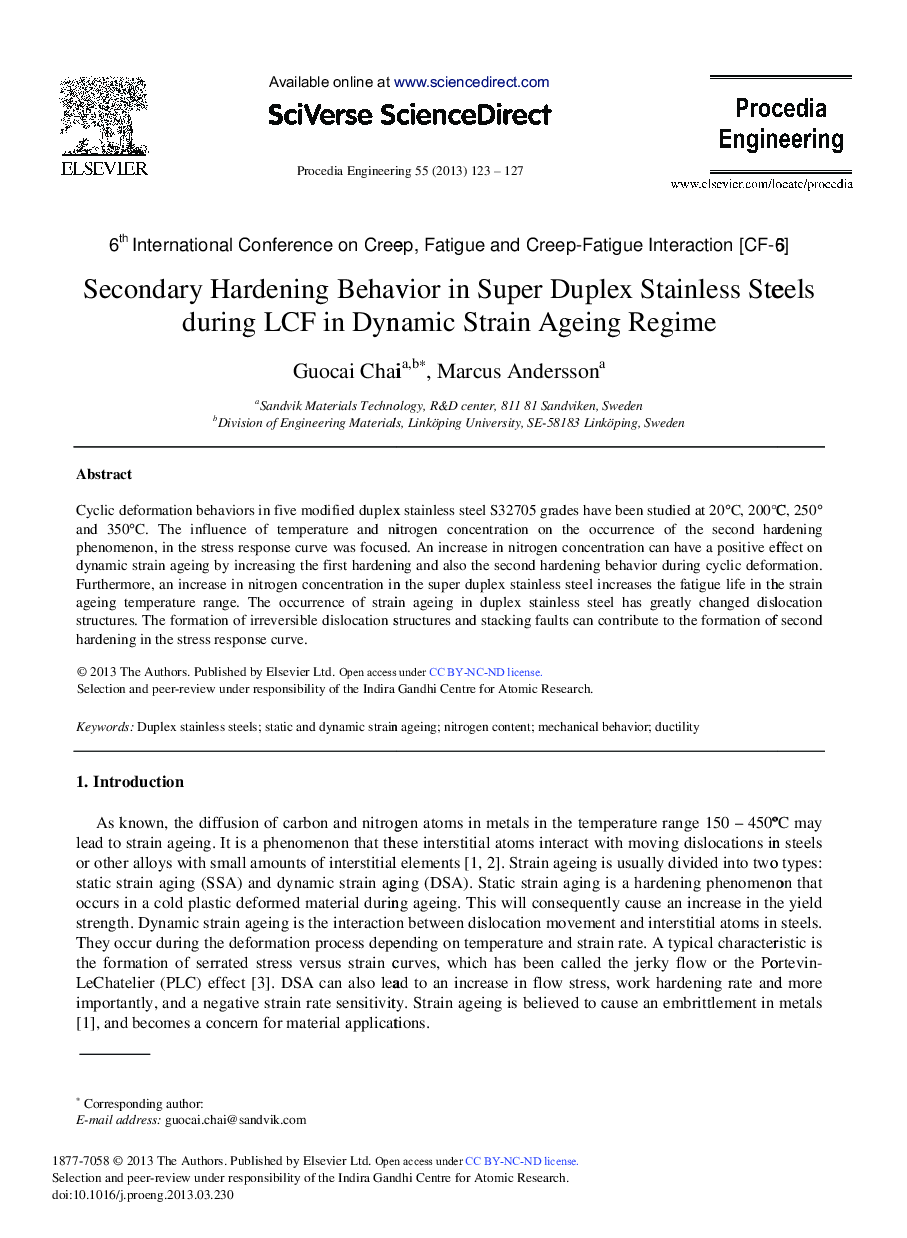 Secondary Hardening Behavior in Super Duplex Stainless Steels during LCF in Dynamic Strain Ageing Regime 