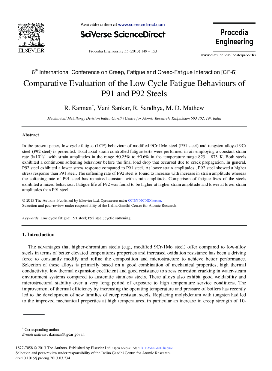 Comparative Evaluation of the Low Cycle Fatigue Behaviours of P91 and P92 Steels 