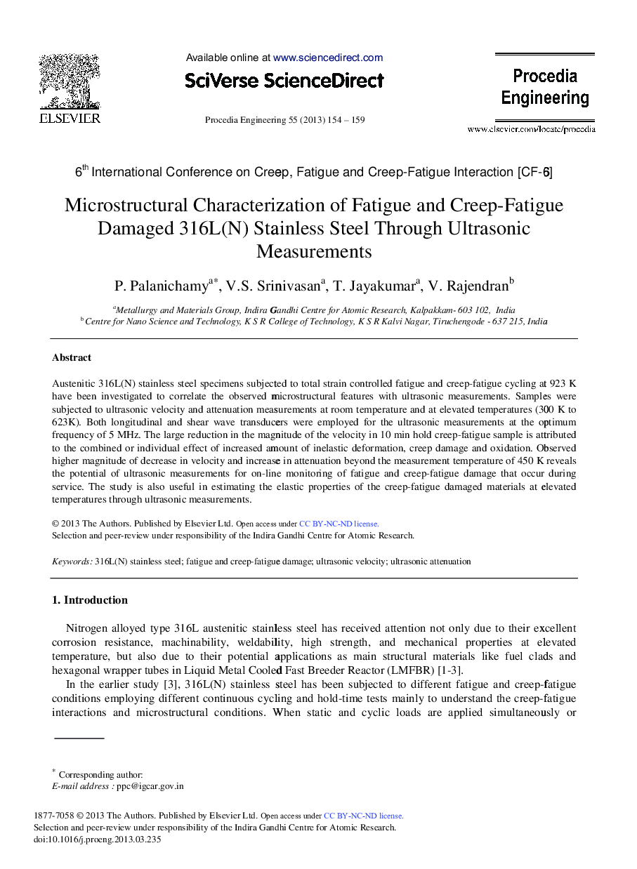 Microstructural Characterization of Fatigue and Creep-Fatigue Damaged 316L(N) Stainless Steel Through Ultrasonic Measurements 