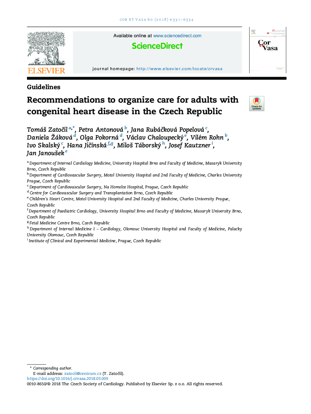 Recommendations to organize care for adults with congenital heart disease in the Czech Republic