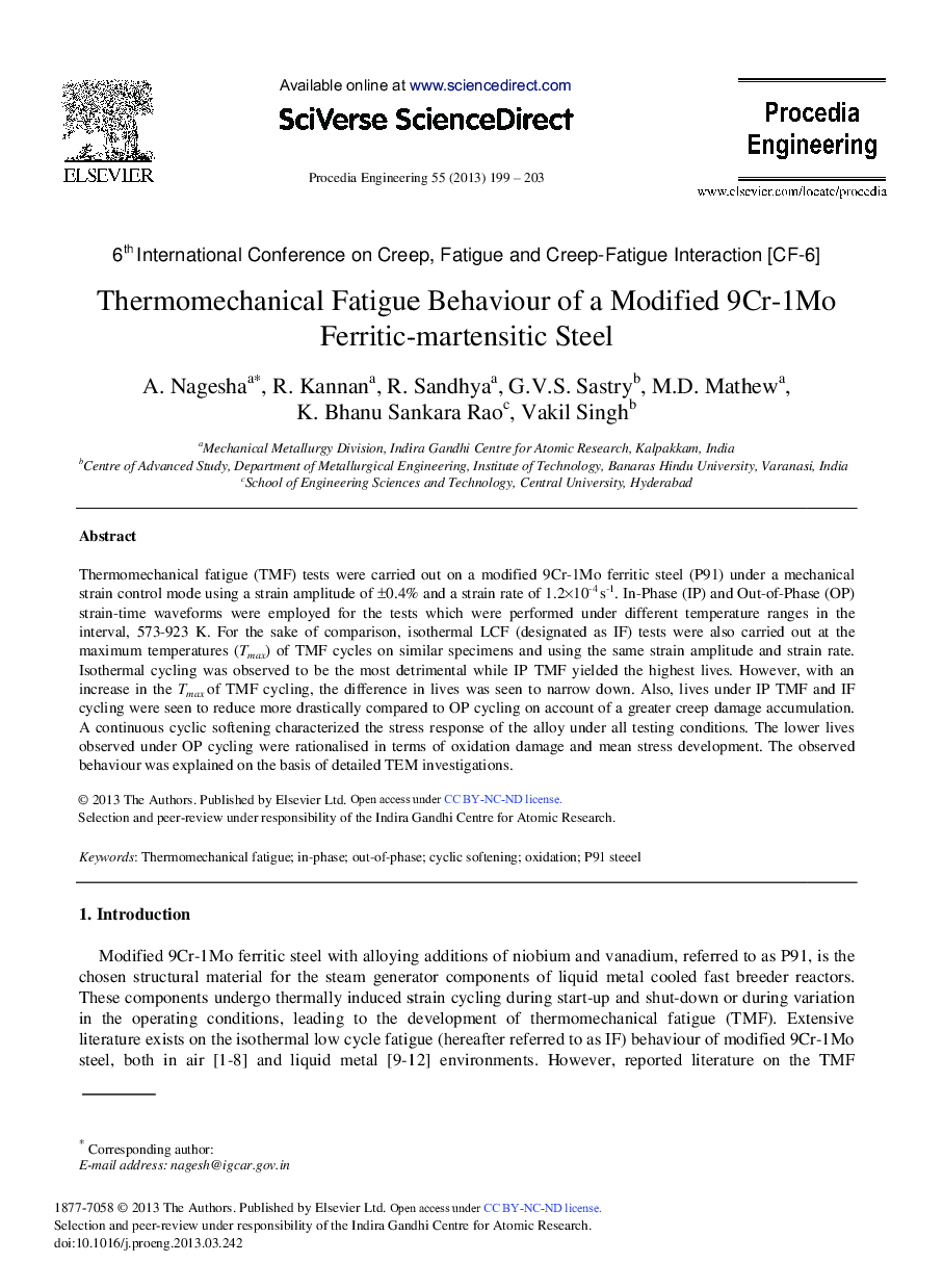 Thermomechanical Fatigue Behaviour of a Modified 9Cr-1Mo Ferritic-Martensitic Steel 