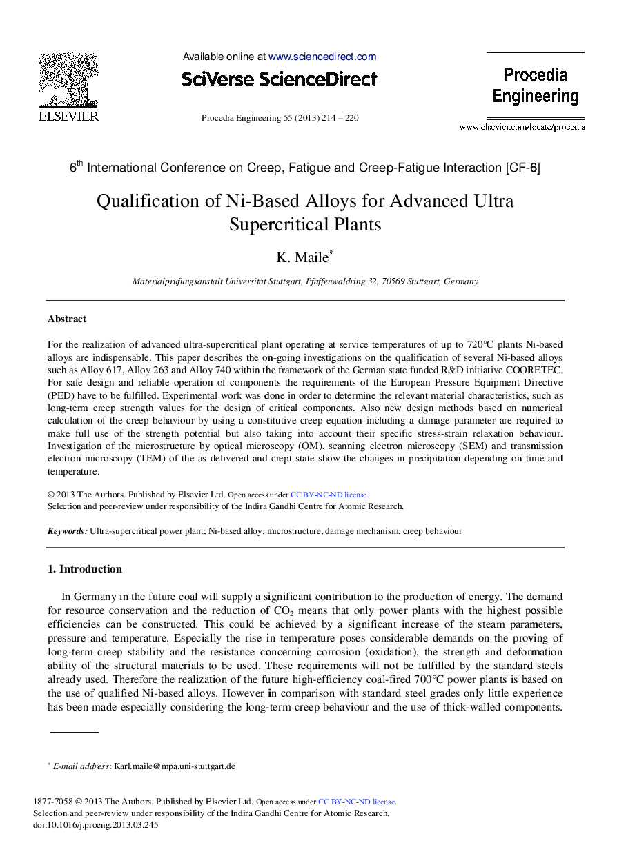 Qualification of Ni-Based Alloys for Advanced Ultra Supercritical Plants 