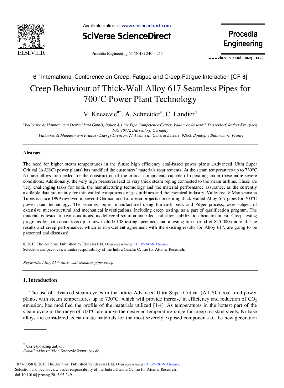 Creep Behaviour of Thick-Wall Alloy 617 Seamless Pipes for 700 °C Power Plant Technology 