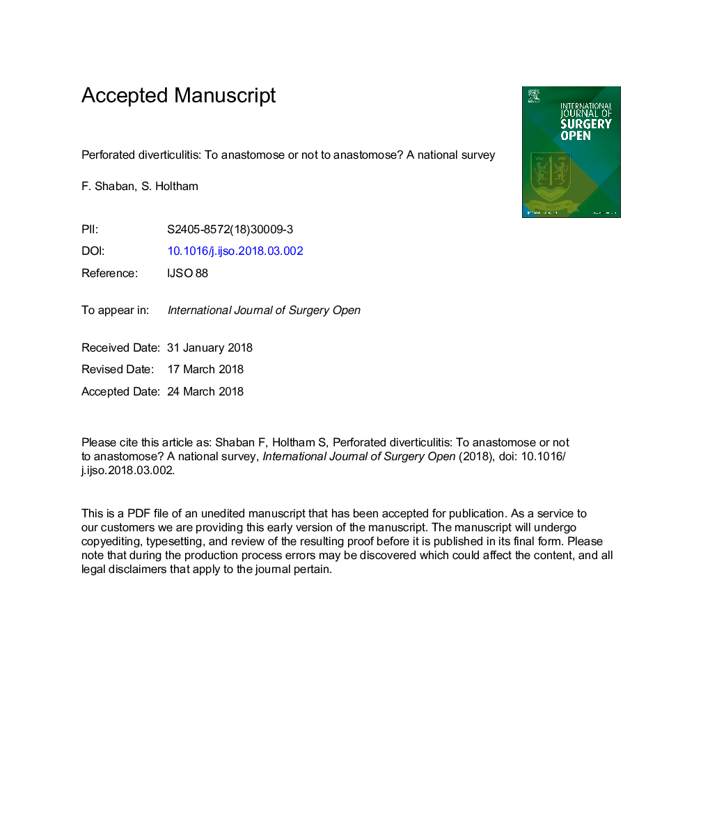 Perforated diverticulitis: To anastomose or not to anastomose? A national survey