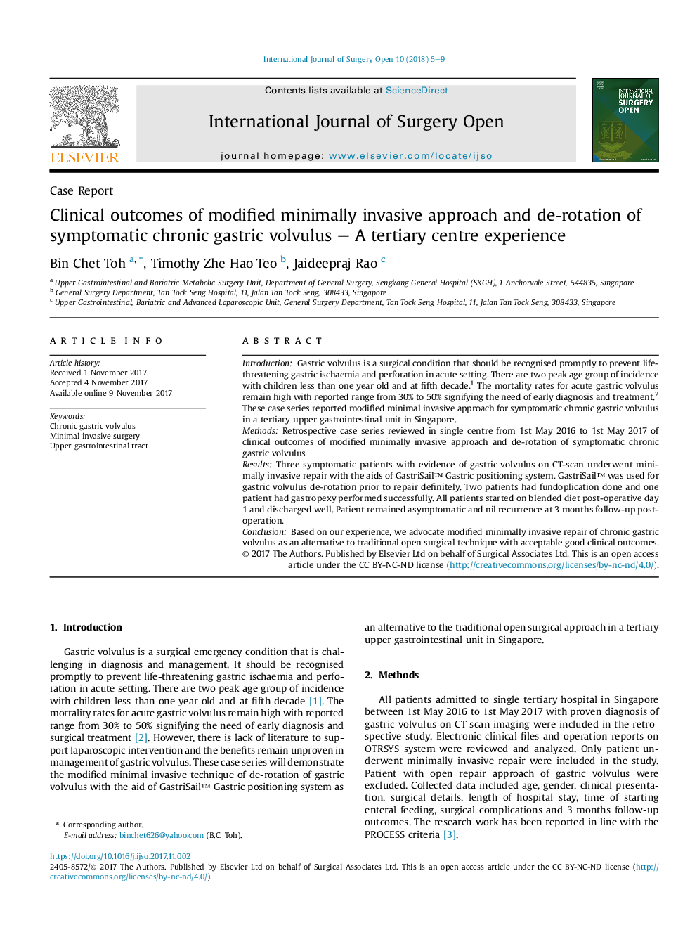 Clinical outcomes of modified minimally invasive approach and de-rotation of symptomatic chronic gastric volvulus - A tertiary centre experience