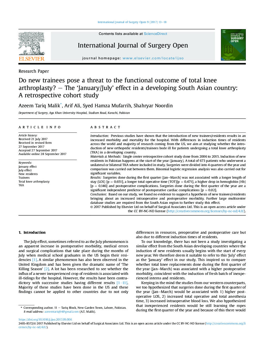 Do new trainees pose a threat to the functional outcome of total knee arthroplasty? - The 'January/July' effect in a developing South Asian country: AÂ retrospective cohort study