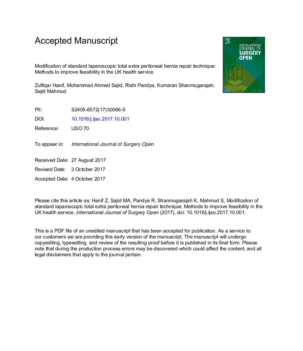 Modification of standard laparoscopic total extra peritoneal hernia repair technique: Methods to improve feasibility in the UK health service