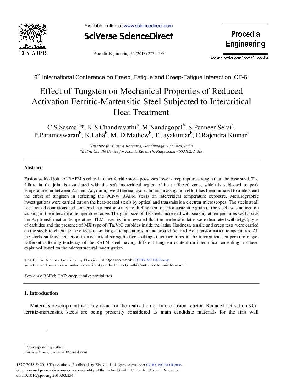 Effect of Tungsten on Mechanical Properties of Reduced Activation Ferritic-Martensitic Steel Subjected to Intercritical Heat Treatment 