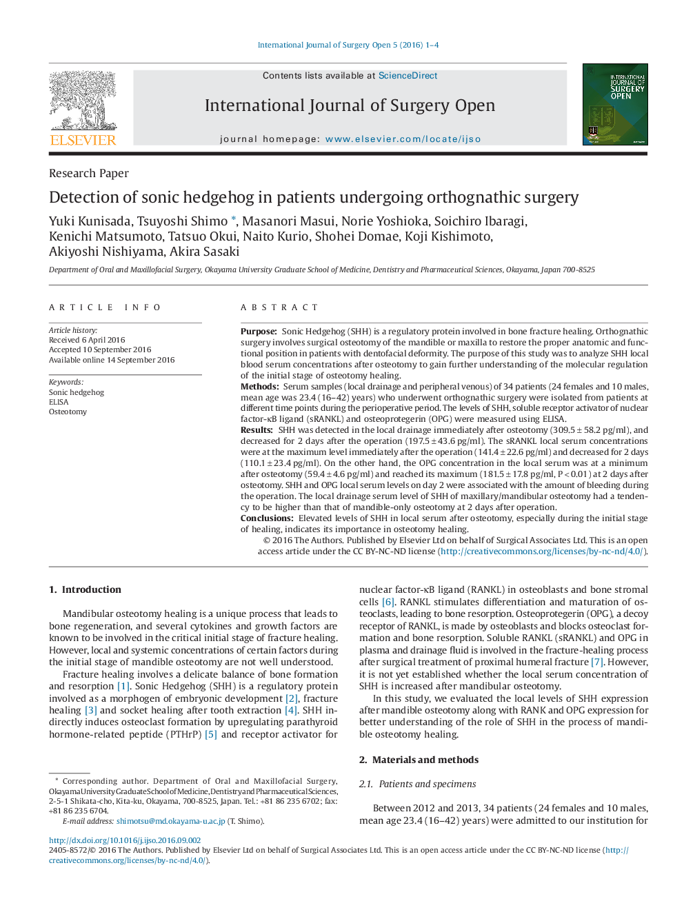 Detection of sonic hedgehog in patients undergoing orthognathic surgery