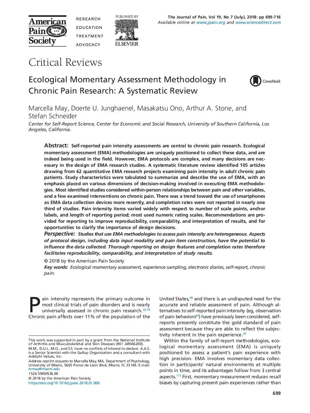 Ecological Momentary Assessment Methodology in Chronic Pain Research: A Systematic Review