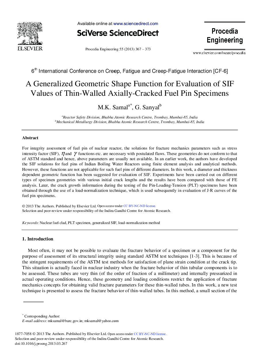 A Generalized Geometric Shape Function for Evaluation of SIF Values of Thin-Walled Axially-Cracked Fuel Pin Specimens 