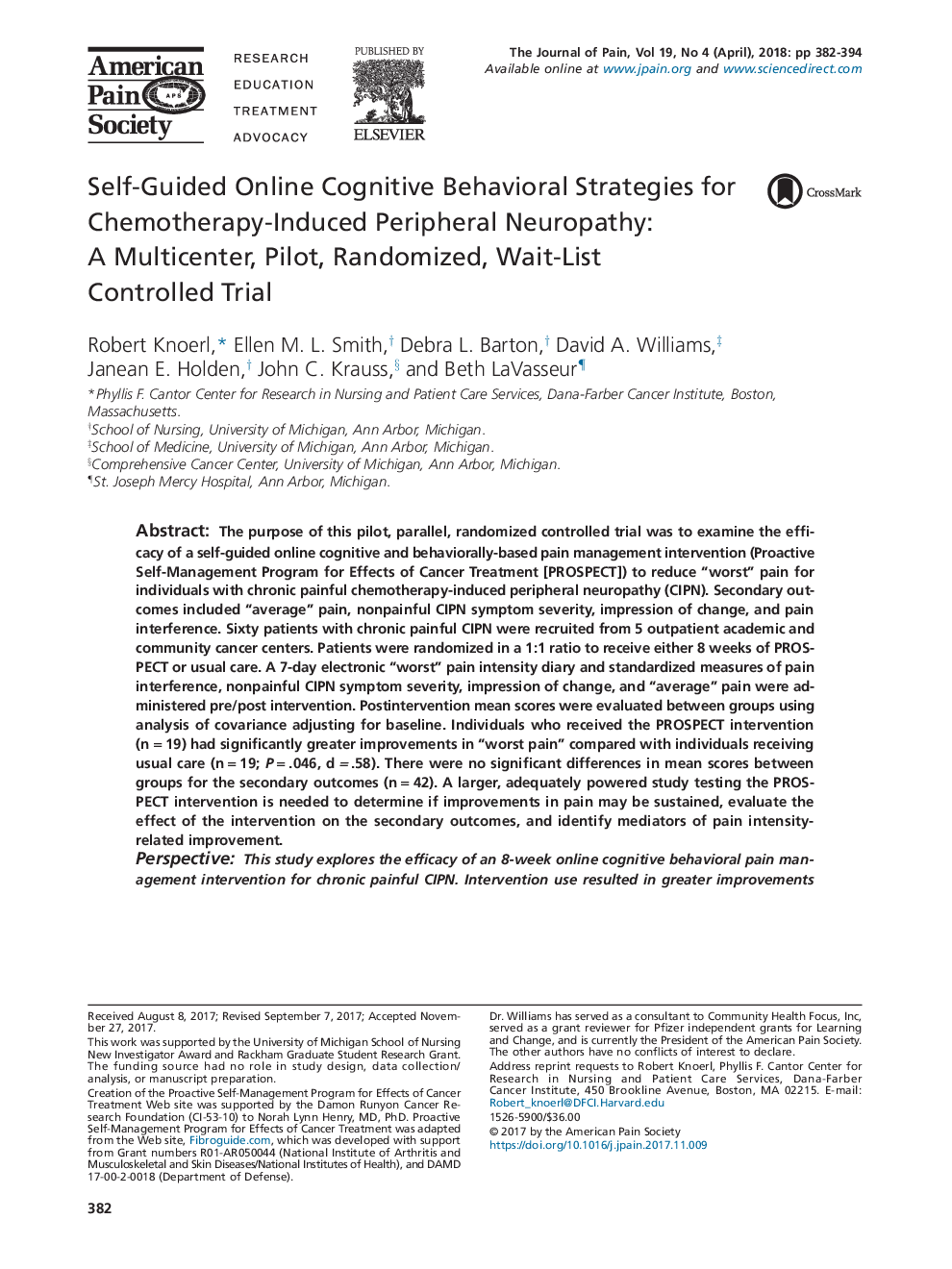 Self-Guided Online Cognitive Behavioral Strategies for Chemotherapy-Induced Peripheral Neuropathy: A Multicenter, Pilot, Randomized, Wait-List Controlled Trial