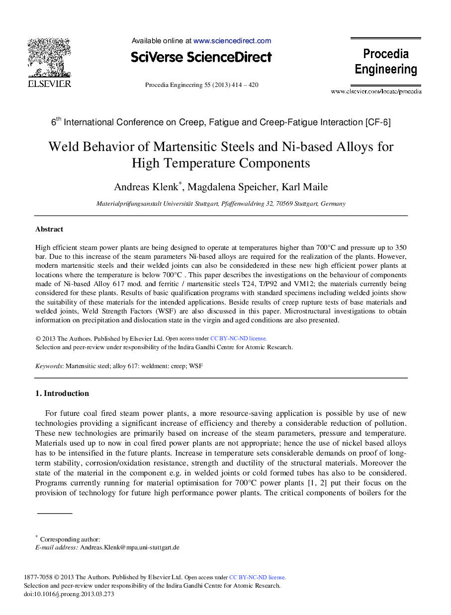 Weld Behavior of Martensitic Steels and Ni-based Alloys for High Temperature Components 