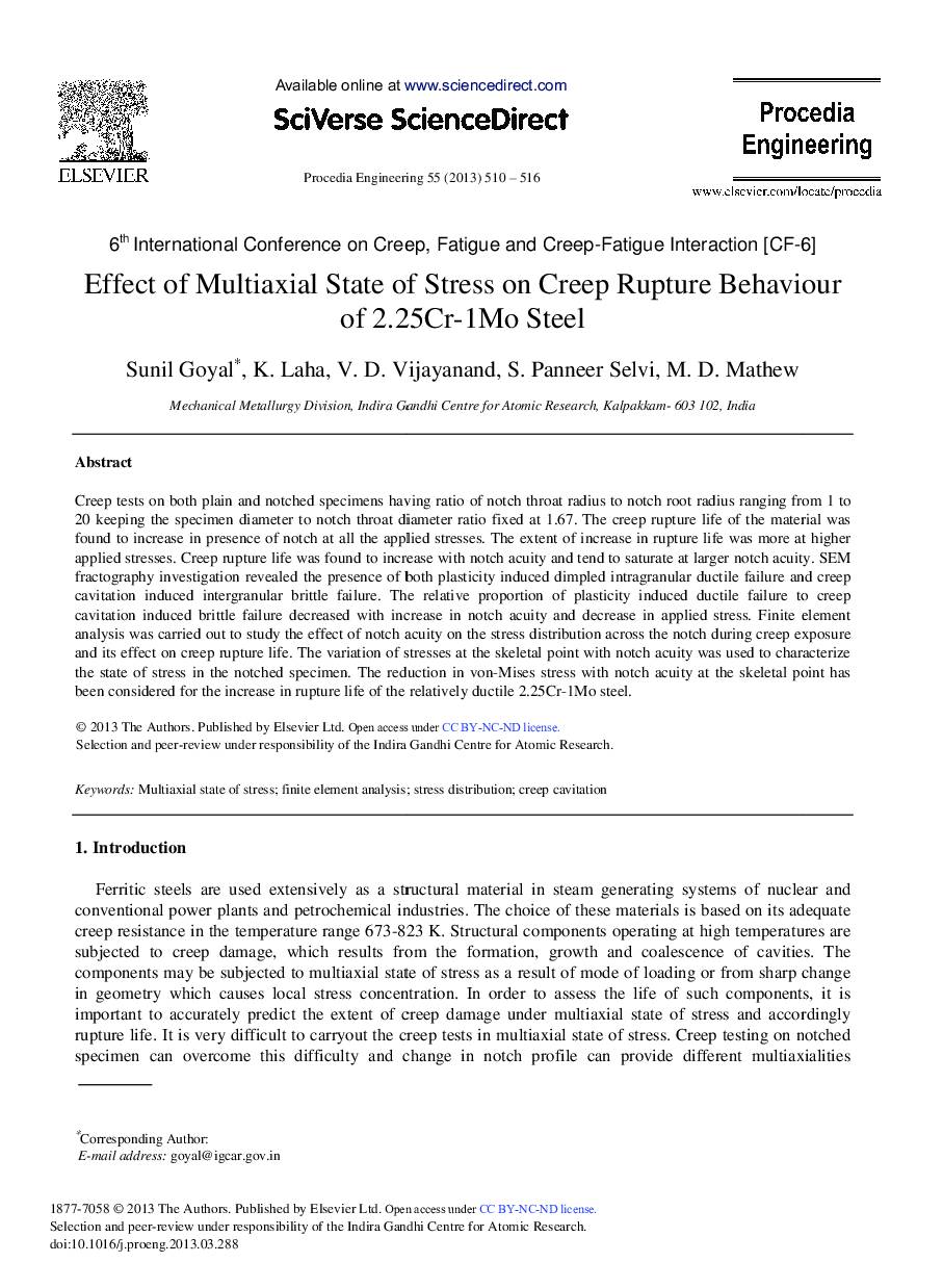 Effect of Multiaxial State of Stress on Creep Rupture Behaviour of 2.25Cr-1Mo Steel 