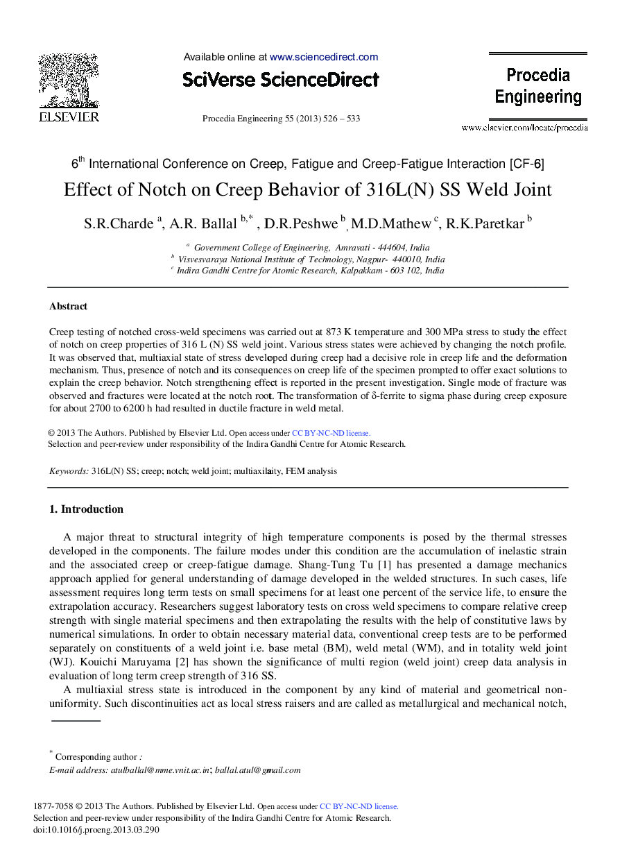 Effect of Notch on Creep Behavior of 316L(N) SS Weld Joint 