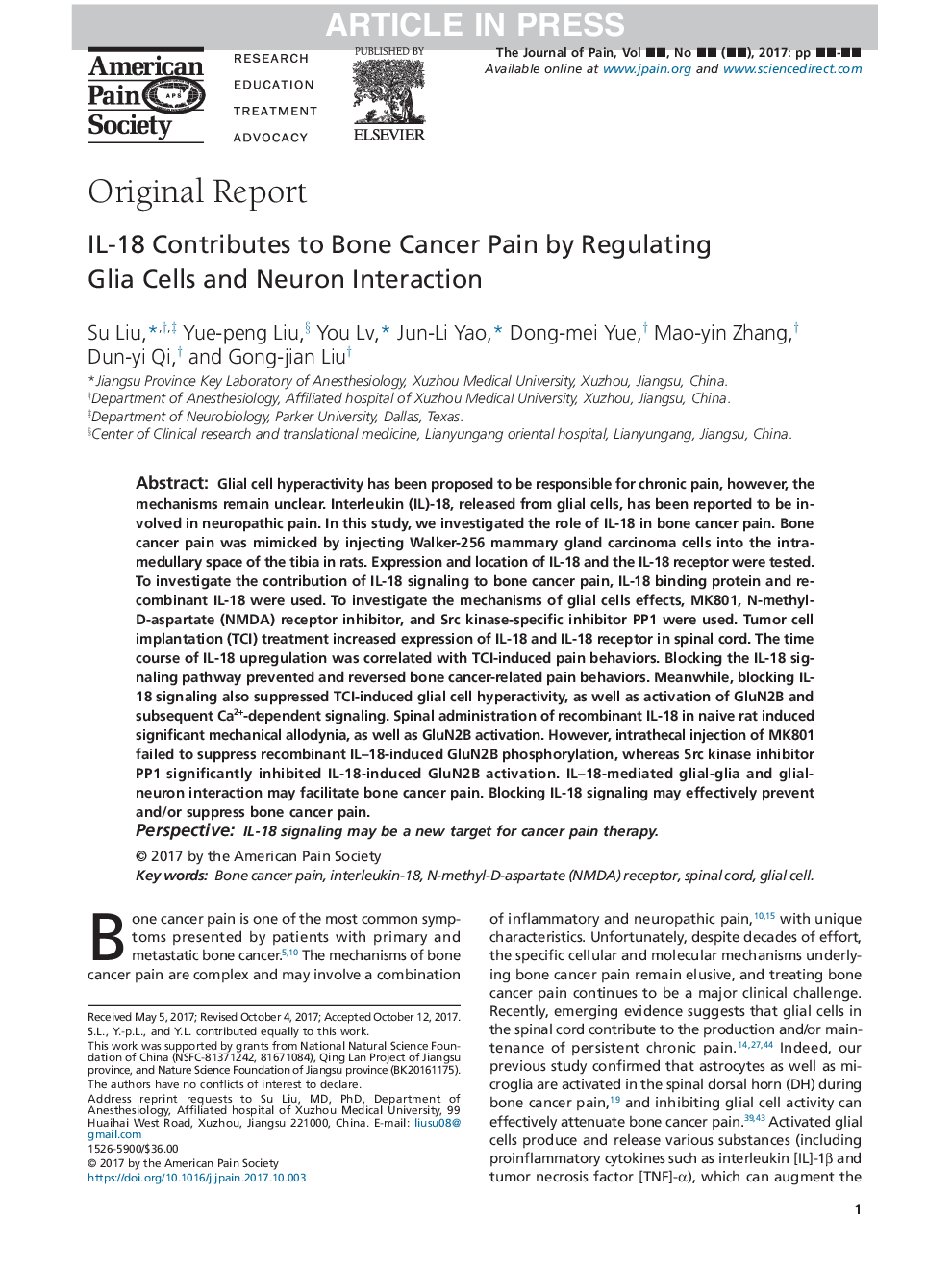 IL-18 Contributes to Bone Cancer Pain by Regulating Glia Cells and Neuron Interaction